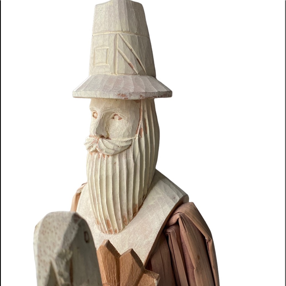 Vintage Cornhusk & Carved Wood 17” Male & 16” Female Pilgrim Figures - Picture 2 of 14